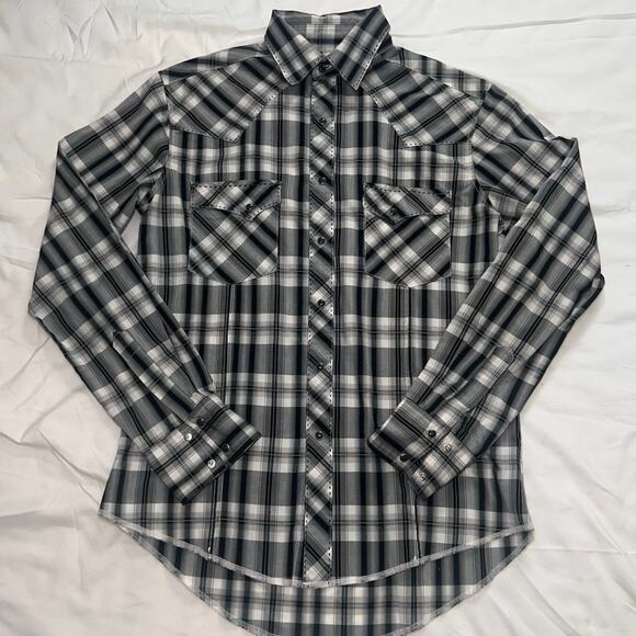 Wrangler Western Shirt Mens Size S Black White Plaid Snap Buttons Retro Cowboy - Picture 11 of 11